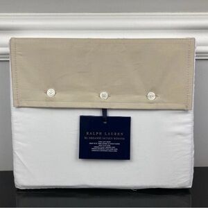 NWT Ralph Lauren RL Organic Sateen Border Flat Sheet White / Coastal Sand Queen